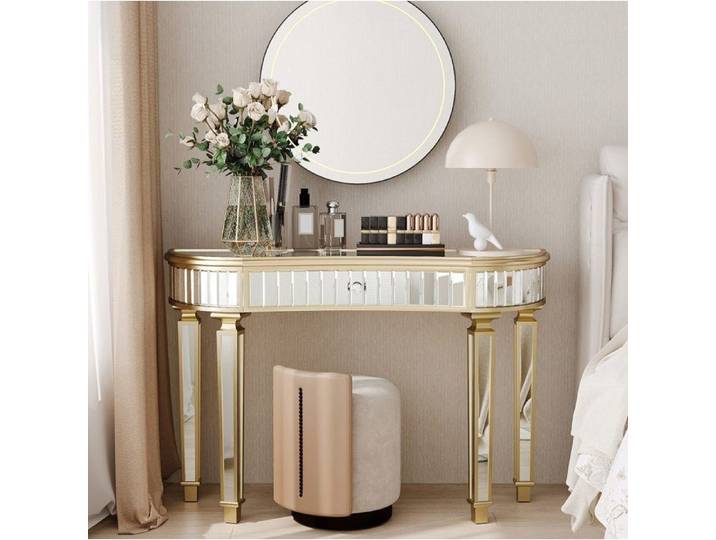 VUENOR Console demi-lune miroir 120 x 38 x 78 cm doré et argenté – tiroir à bouton cristal facetté