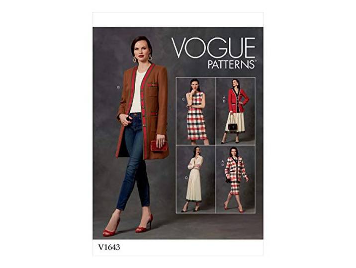 Vogue V1643A5 Patterns-V1643A5-pakken en coördinaten damesbovenstukken, jassen en vesten, damesjurken, damesrok, papier, wit, verschillende maten