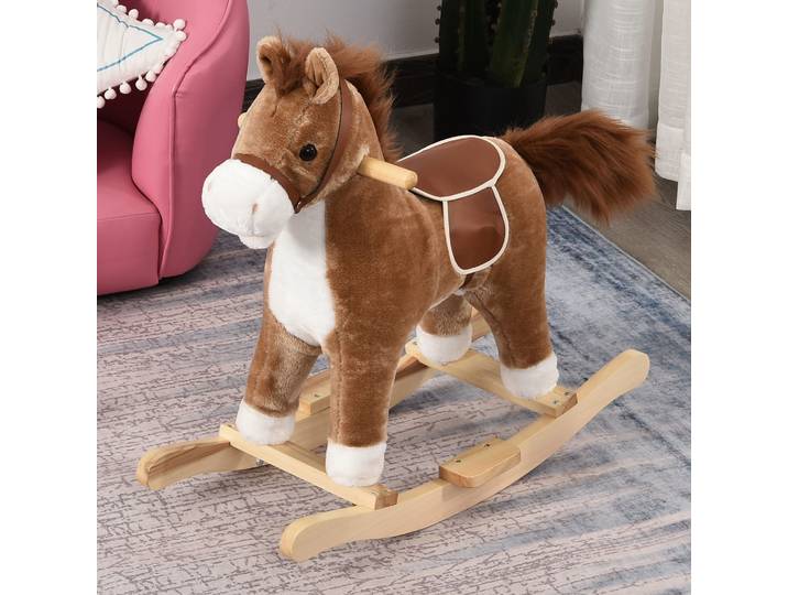 HOMCOM Cheval à Bascule Peluche Bois Brun 65x32,5x61cm