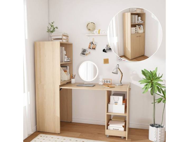 Secrétaire Bureau Escamotable avec Tablette Coulissante Rangement Étagères Réglables Roulettes MDF - UVRION