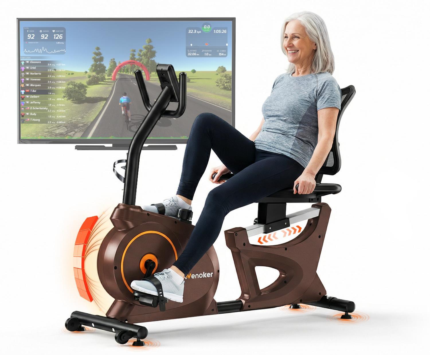 Wenoker Liegeergometer mit 15-stufig verstellbarem Magnetwiderstand, Pulsmessung und LCD-Display, App-kompatibel das leise Liegefahrrad für Senioren.