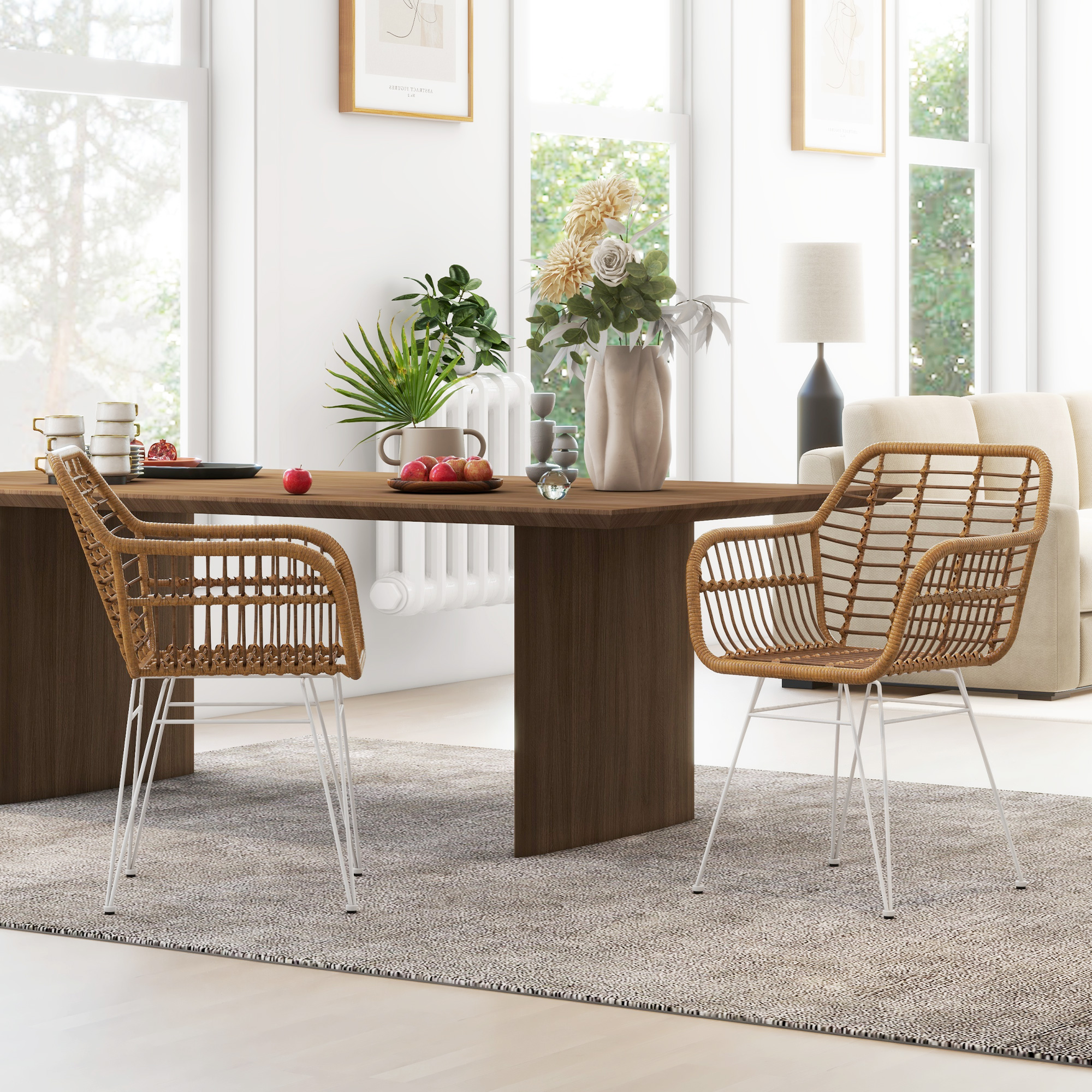 Homcom Set di 2 sedie fauteuils con Schienale e braccioli curve, Il rattan PE e Piedi robusti in acciaio, design bohémien, bianco  Aosom Italy
