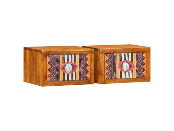 Fisinber Wandnachttisch 2er Set Braun 35x30x22 cm Nachttisch Hängend Schwebendes Design für das Schlafzimmer: Handgefertigte Schnitzmuster aus Akazienholz bieten stilvollen Stauraum.