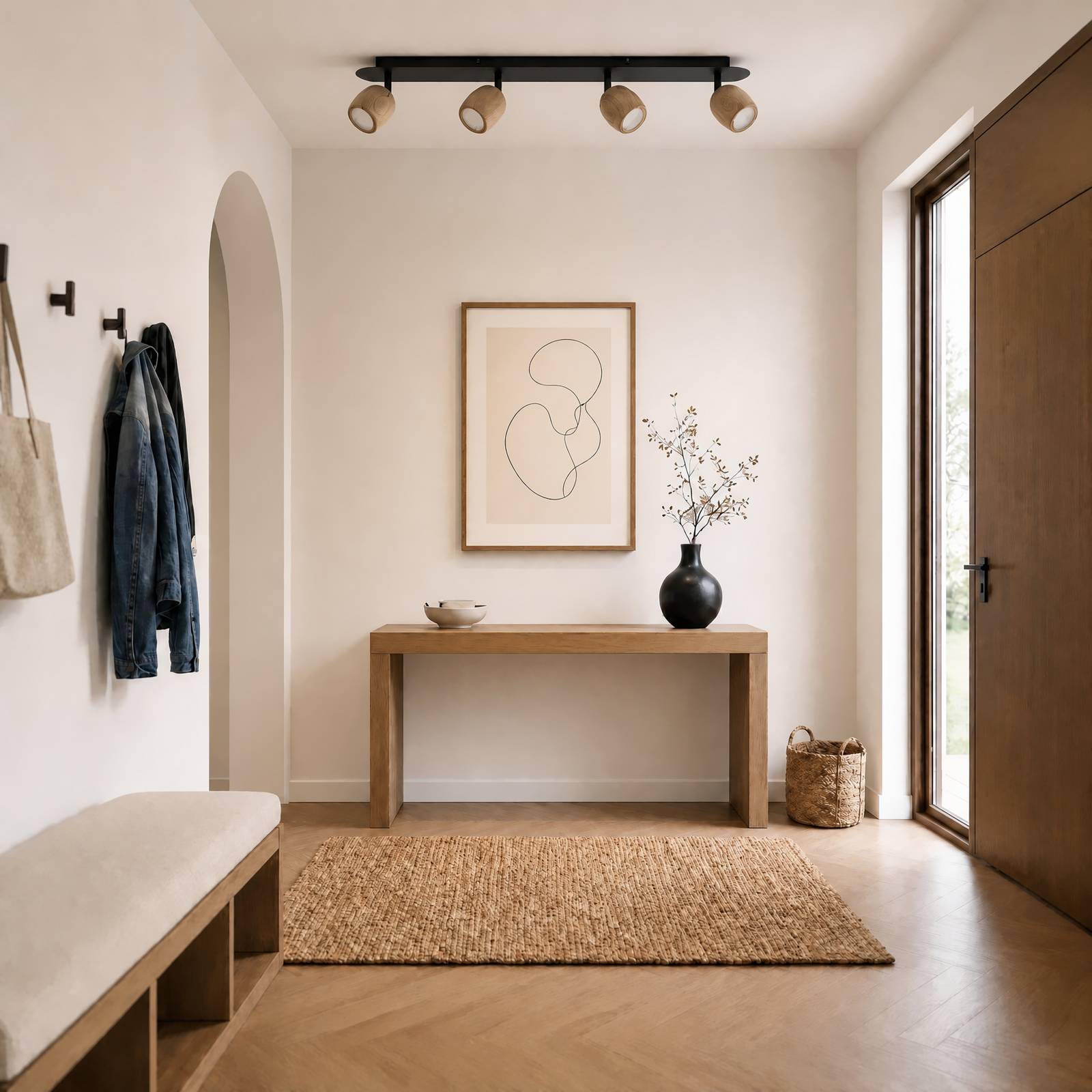 Lindby Deckenstrahler Sloane, 4-flg., Holz/schwarz, GU10 Sloane Lindby, dimmbar, Holz hell, für Wohn- / Esszimmer, Holz, Modern, Strahler