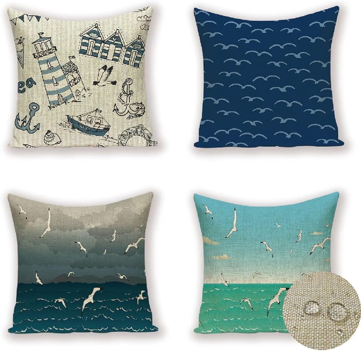 Set van blauwe waterdichte linnen kussenhoezen voor buiten, 35 x 35 cm