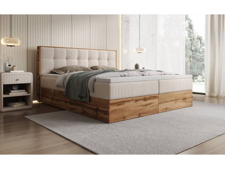 Boxspringbett Timber Quad in Cord mit Stauraum - 160x200 - Sand - H3 (70-100kg) - Luxusbetten24