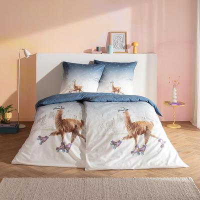 Bettwäsche ESTELLA "City Lama", bunt (600, blau), B/L: 155cm x 220cm, 1 Stk., 1 Stk., Satin, B/L: 80cm x 80cm, 2, Satin, Obermaterial: 100% Baumwolle, Bettwäsche, Bettwäsche, Gefertigt aus 100% Baumwolle.