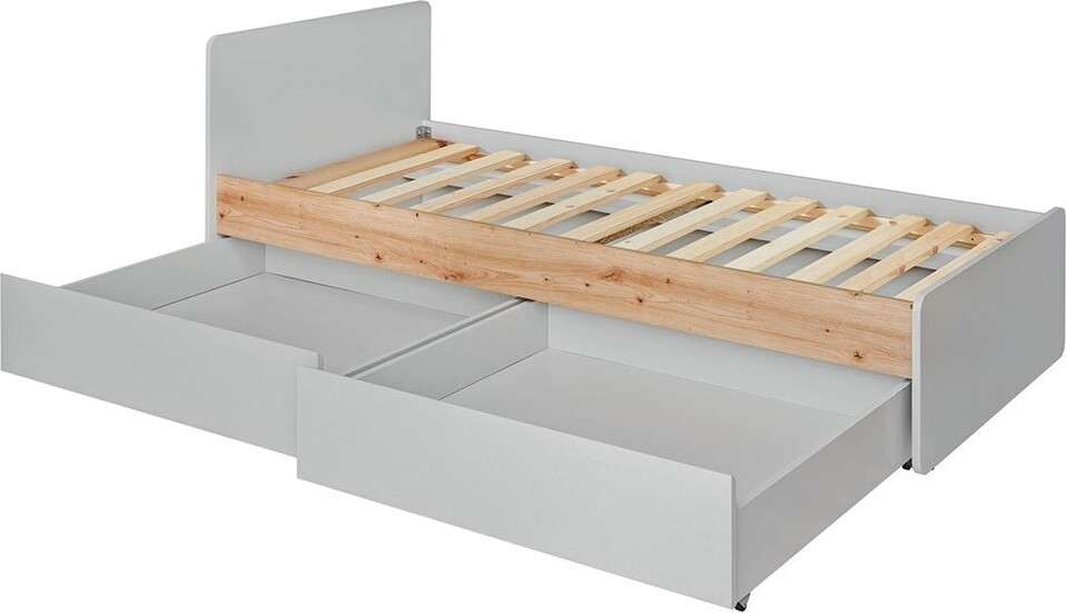 Kinderbett 90x200 aus der BIBOU-Kollektion, Farbe Grau und Eiche. Schubladen inklusive