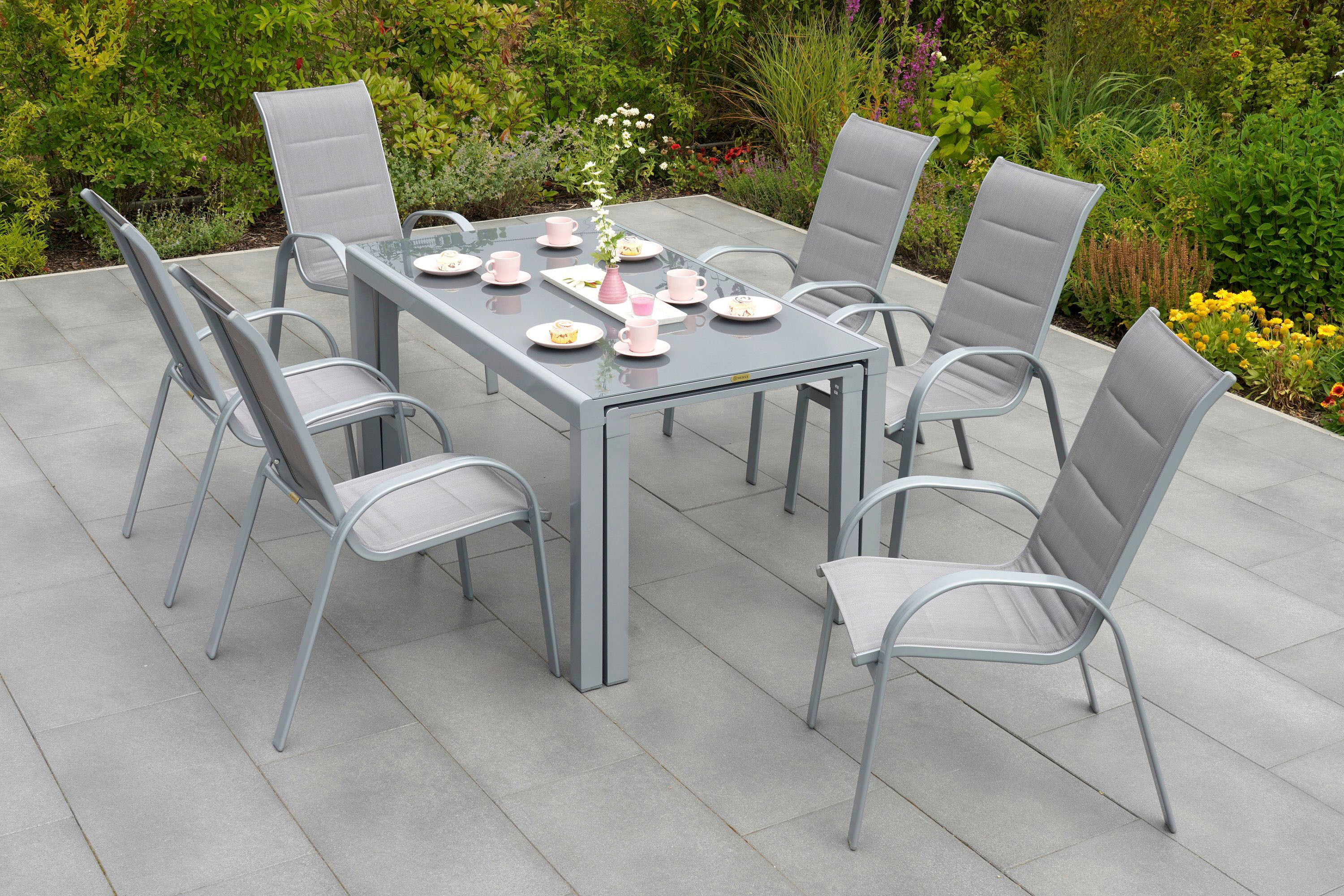 Garten-Essgruppe MERXX "Amalfi di Lusso", braun (silber, diamantbraun), Polyester, Aluminium, Polyester, Sitzmöbel-Sets, Garten-Essgruppe, mit 6 Sesseln und verstecktem zweitem Tisch zur Erweiterung