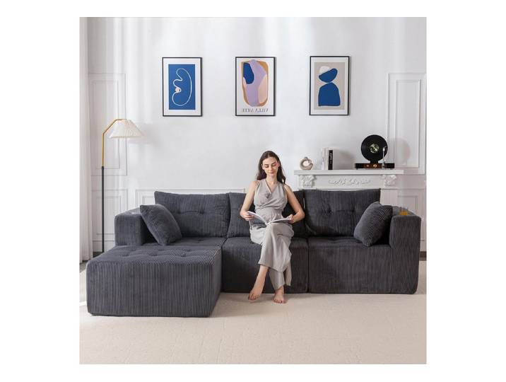 LuxusKollektion Ecksofa Ecksofa Corduroy Becherhalter modulares Schlafsofa 3 Grau L-förmig