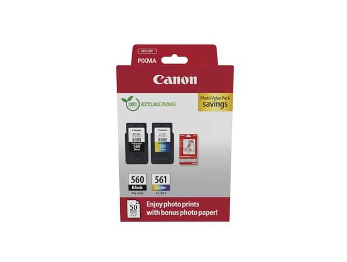 Canon PG-560 CL-561 Pack de 2 cartouches (1x Noir 1x Couleur) Certifié Canon + 50 feuilles Papier Photo Canon 10x15cm (Emballage Carton Sécurisé)