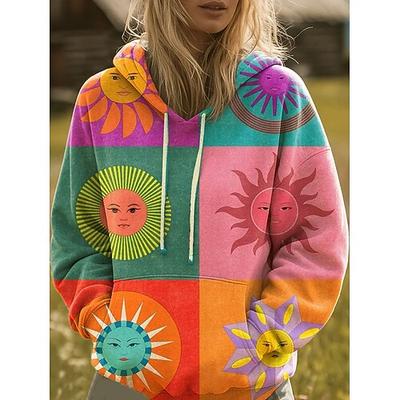 Damen Kapuzenpullover Druck Fronttasche Grafik Regenbogen Lässig Boho Langarm Mit Kapuze Normale Oberteile Straße Alltagskleidung Blau Gelb Rosa Orange Herbst Winter