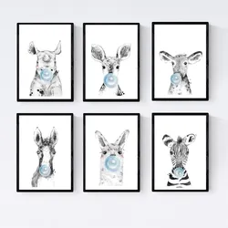 POSTER Set Mit 6 September Babytiere Mit Bubblegum Zebra Rino Deer Cowhorse Llama