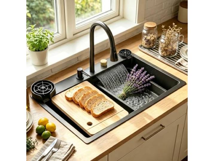 DSMRLEOP 80x50cm Schwarzes abwaschbecken küche, 1 Becken - multifunktions küchenspüle Wasserfall-spülbecken mit ausziehbarem Hochdruckhahn, komplettem Zubehörset Küchenspüle Für Den Arbeitsplatz