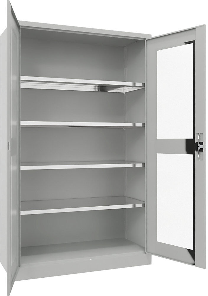 Flügeltürschrank mit Sichtfenster, 4 Fachböden, Höhe 1950 mm, HxBxT 1950 x 1200 x 500 mm, Tür lichtgrau Pavoy