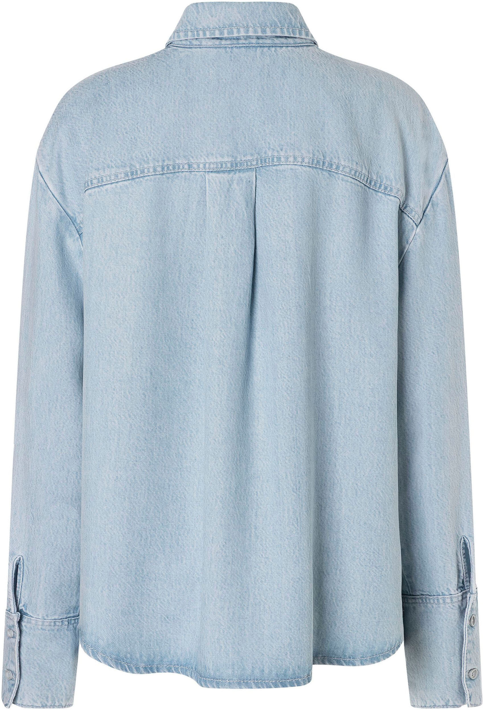Jeansbluse MAC "OVER SHIRT", Damen, Gr. L, blau (essential blau wash), Denim/Jeans, Obermaterial: 100% Lyocell, used, bequem hüftbedeckend, Manschette, Blusen Jeansbluse, mit breiter Manschette essential blau wash L