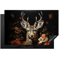 HERDABDECKPLATTE Hirsch - Tier - Blumen - Natur - Botanisch Induktionsschutz 81.6x52.7 cm