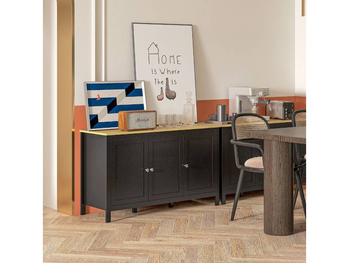 HOMCOM Buffet Noir 3 Portes 2 Étagères Réglables Bois Clair
