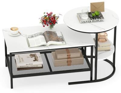 Costway Coffee Table Set of 2 2-Tier Rectangle Coffee Table and Side End Table with Storage Shelves-White