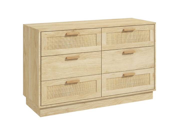 Commode 6 tiroirs style bohème en rotin et bois chêne