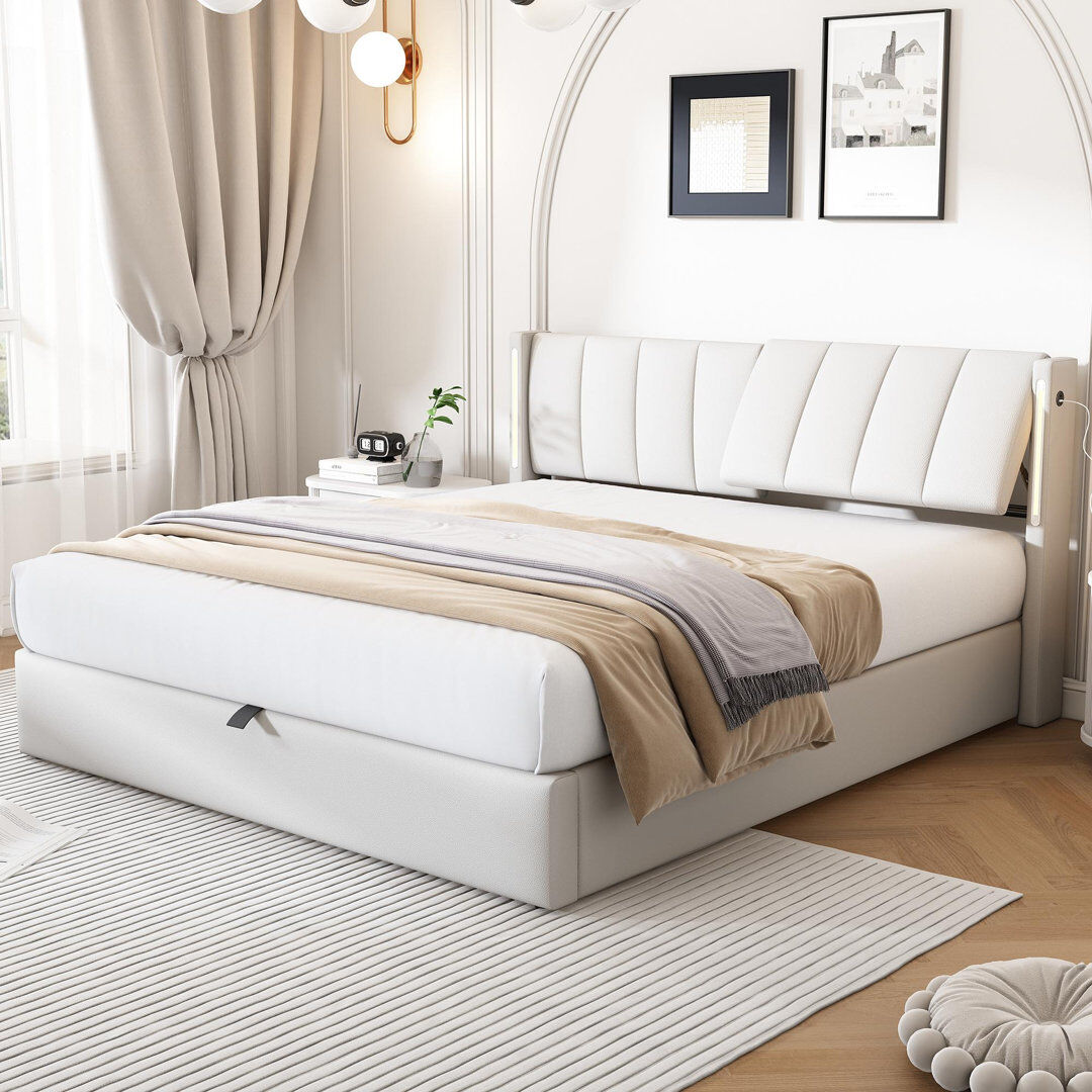 Brayden Studio Upholstered Storage Bed With Adjustable Headboard, USB And LED PU White Double (4'6)