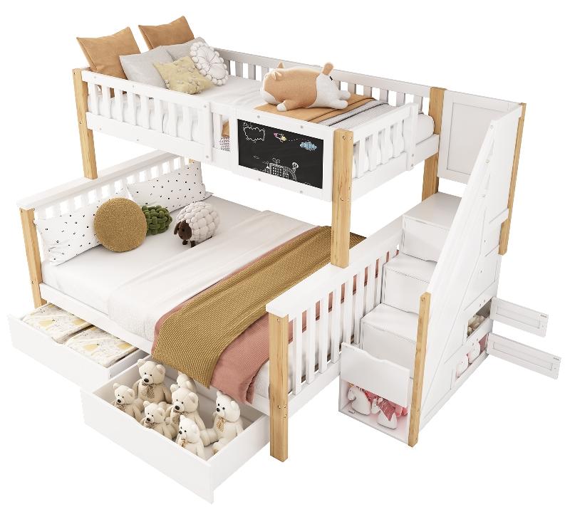 Etagenbett Kinder Etagenbett 90x200 140x200 weiß mit heller Eiche aus Massivholz, MDF mit Schubladen und Treppe