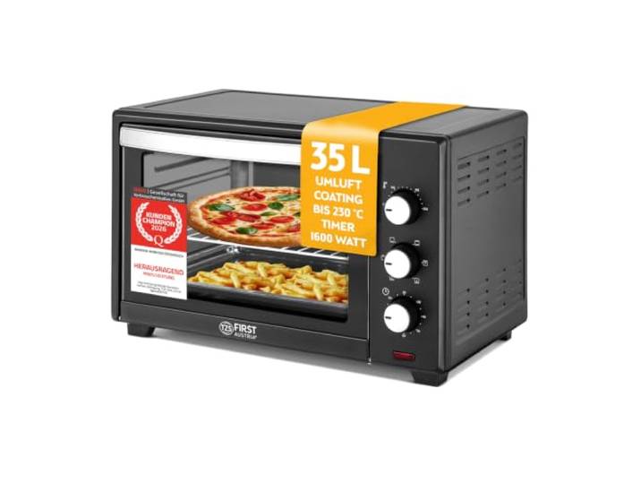 TZS First Austria - Minibackofen 35L 1600W - Mini Backofen Pizzaofen stufenlose Temperaturregelung bis 230°C & Antihaftbeschichtung - Miniofen 60 Min. Timer, 3 Einschubhöhen, Backblech & Grillrost