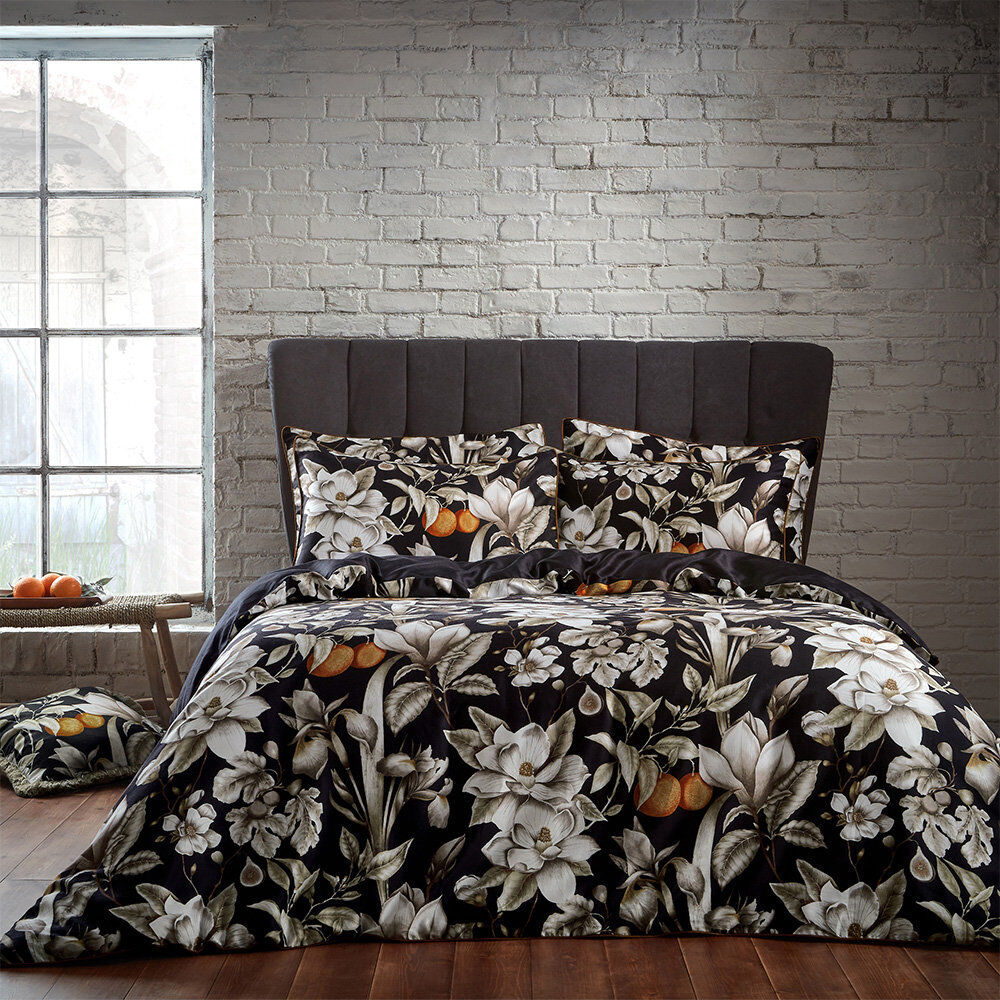 Ew by Edinburgh weavers Cotton Floral Duvet Cover Set with Pillowcases Included Black Kingsize - 2 Standard Pillowcases