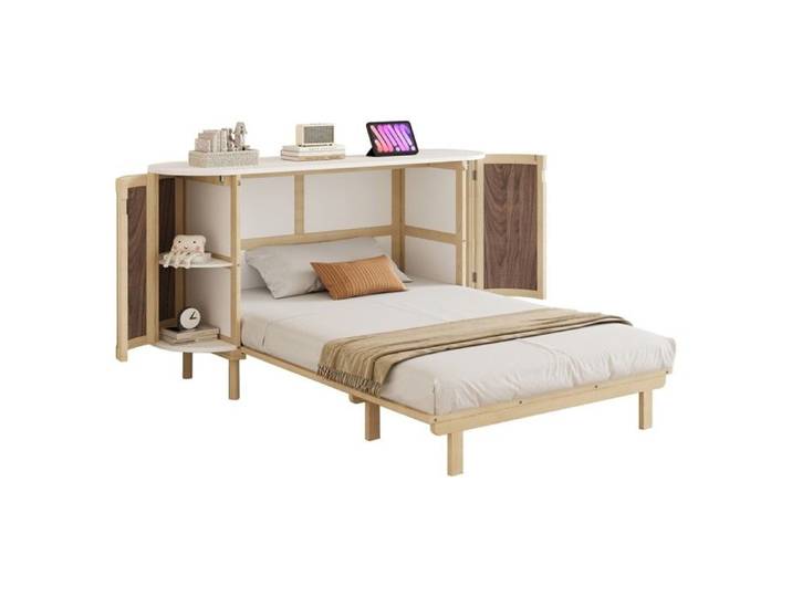 Lit Escamotable Double Bois 140x200cm Mural À Lattes Pliant Vertical Rangement Design Rotin & Bois Enfant/simple Sans Matelas