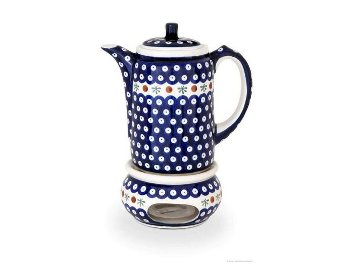 Bunzlauer Keramik Teekanne 1,25L Kaffeekanne mit Stövchen –geradlinig,zylindrische Form, Dekor 41, 1,25 l