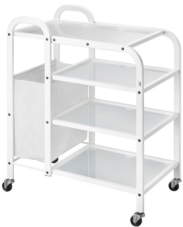 Carrinho Metálico Branco Mobile: Equipado com quatro estantes de cristal translúcido e saca lateral