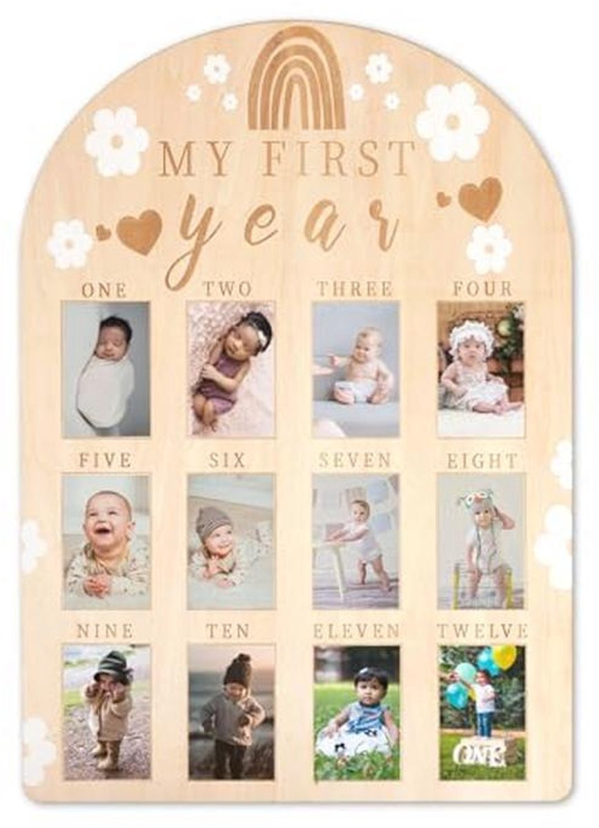 Gepersonaliseerde houten babyfotolijst voor het eerste jaar - Decoratie voor de kinderkamer