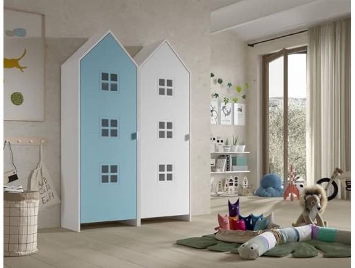möbelando Kleiderschrank >CASAMI Bruges< in Korpus Weiß/Front Blau u. Weiß, MDF