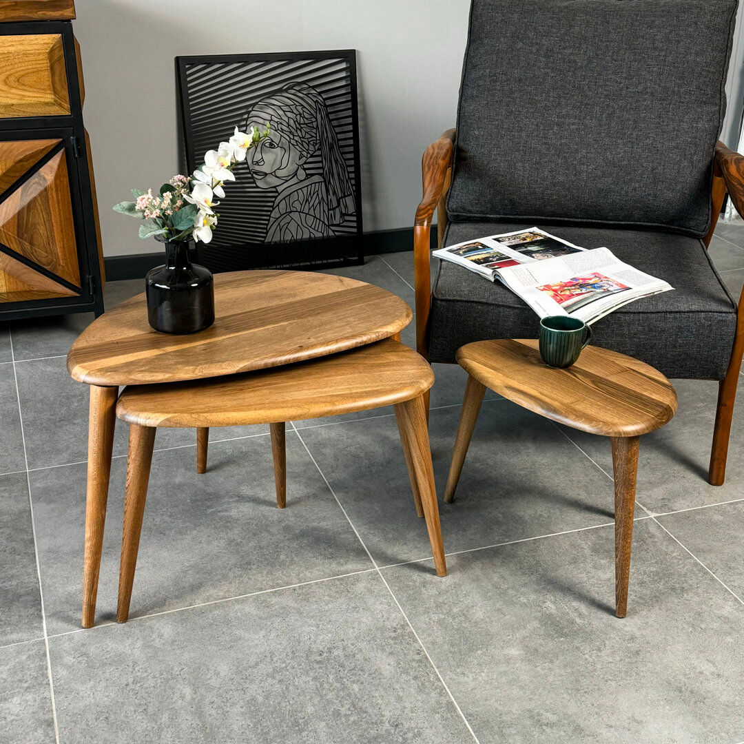 Corrigan Studio Solid Walnut Nesting Table Set of 3 – Mid-Century Modern Brown