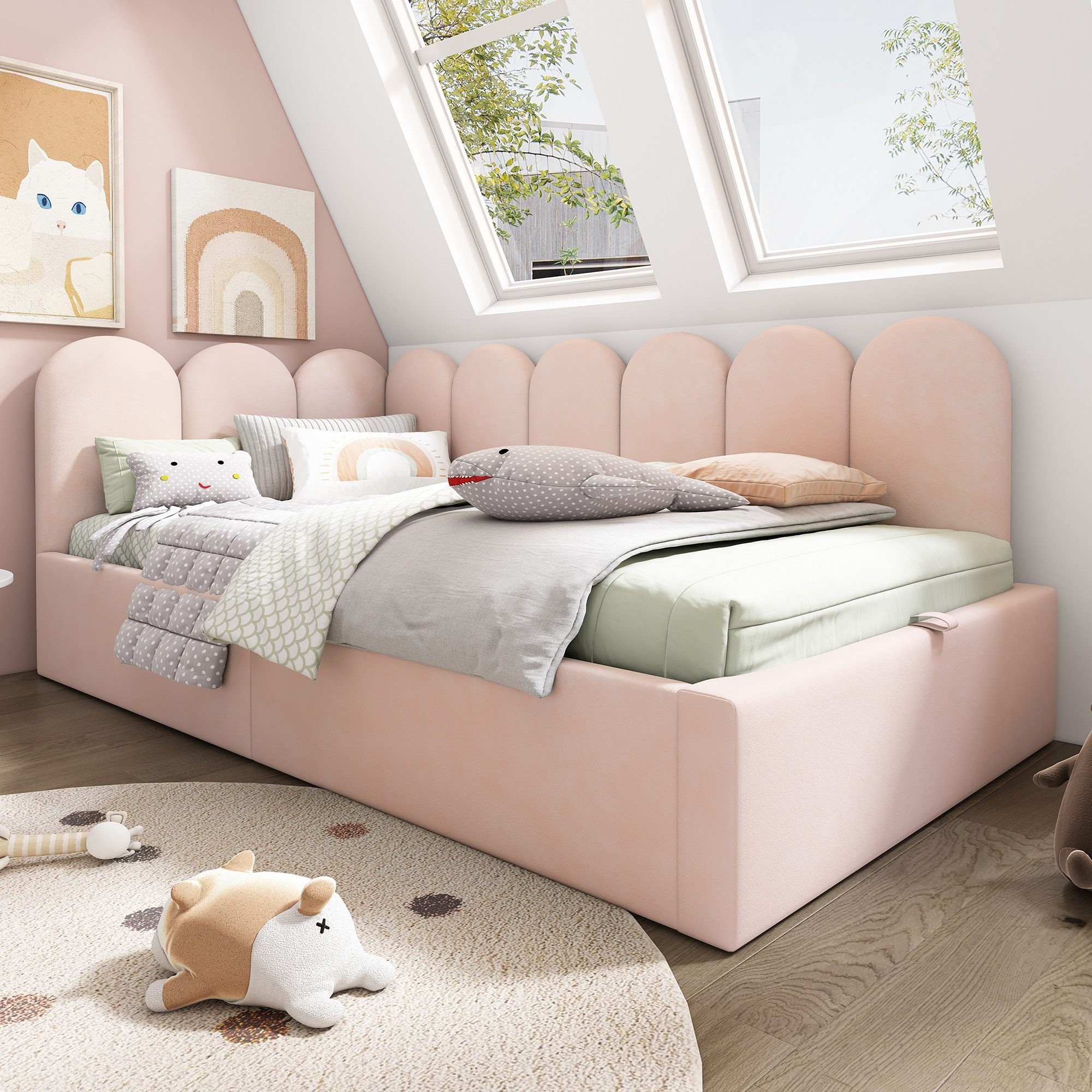 Odikalo Stauraumbett Kinderbett Polsterbett Tagesbett Schlafsofa Samt 90x190 Rosa