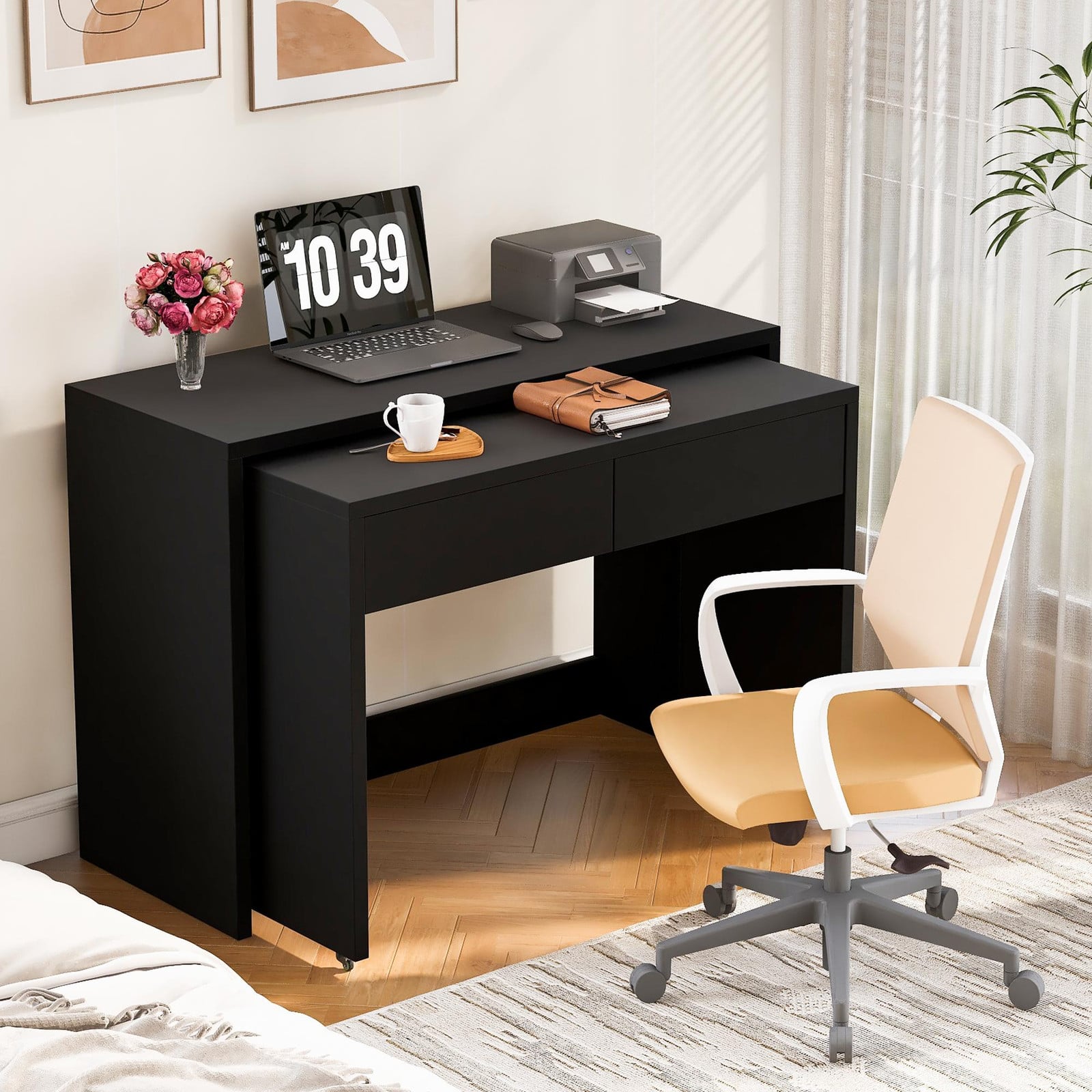 Compact uitschuibaar bureau met wielen, zwart