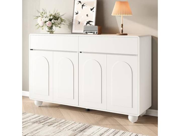 Merax Sideboard 140x38x89cm, mit geschwungenen Türen, 2 Schubladen, 4 Türen & höhenverstellbaren Regalen – Weiß