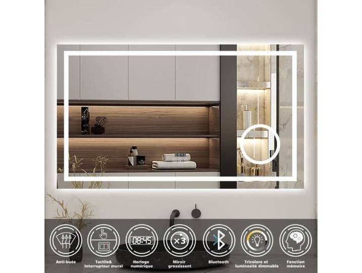 Miroir salle de bain LED - 100x60cm - Bluetooth - Horloge - Loupe 3x - Anti-buée