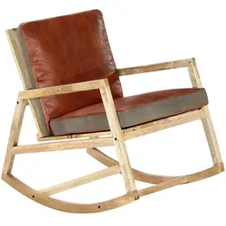 vidaXL Schaukelstuhl Braun Echtleder und Massivholz Mango