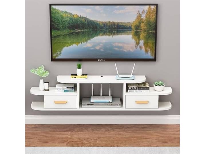 lowboard Schwimmender TV-Ständer, wandmontiertes Entertainment-Center, groß Aufbewahrung mit verschiebbaren offenen Regalen auf der Tischplatte