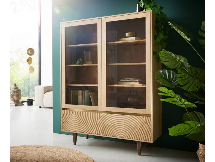 Vitrine Budaya 115x135 cm Mango Natur 4 Türen Fuß vierkant, Vitrinen