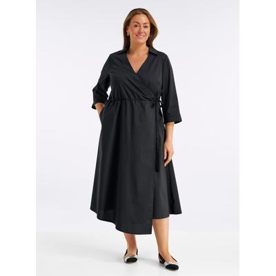 Wickelkleid SHEEGO "Kleid", Damen, Gr. 48, Normalgrößen, schwarz, 68% Baumwolle, 29% Polyamid, 3% Elasthan, unifarben, lang, V-Ausschnitt, Kleider Wickelkleid