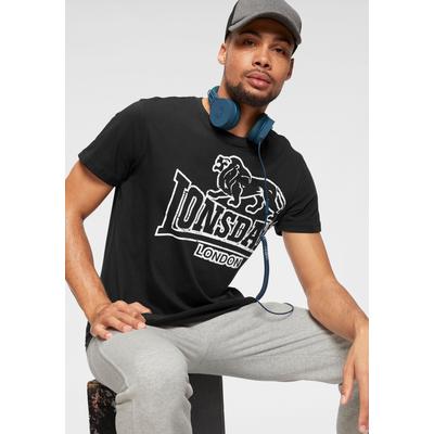 T-Shirt LONSDALE "LANGSETT", Herren, Gr. L (52/54), schwarz, Single Jersey, Obermaterial: 100% Baumwolle, unifarben, schmal hüftlang, Rundhals, Shirts T-Shirt, mit großem Logoprint im Vintagestyle, Kurzarm, aus Baumwolle
