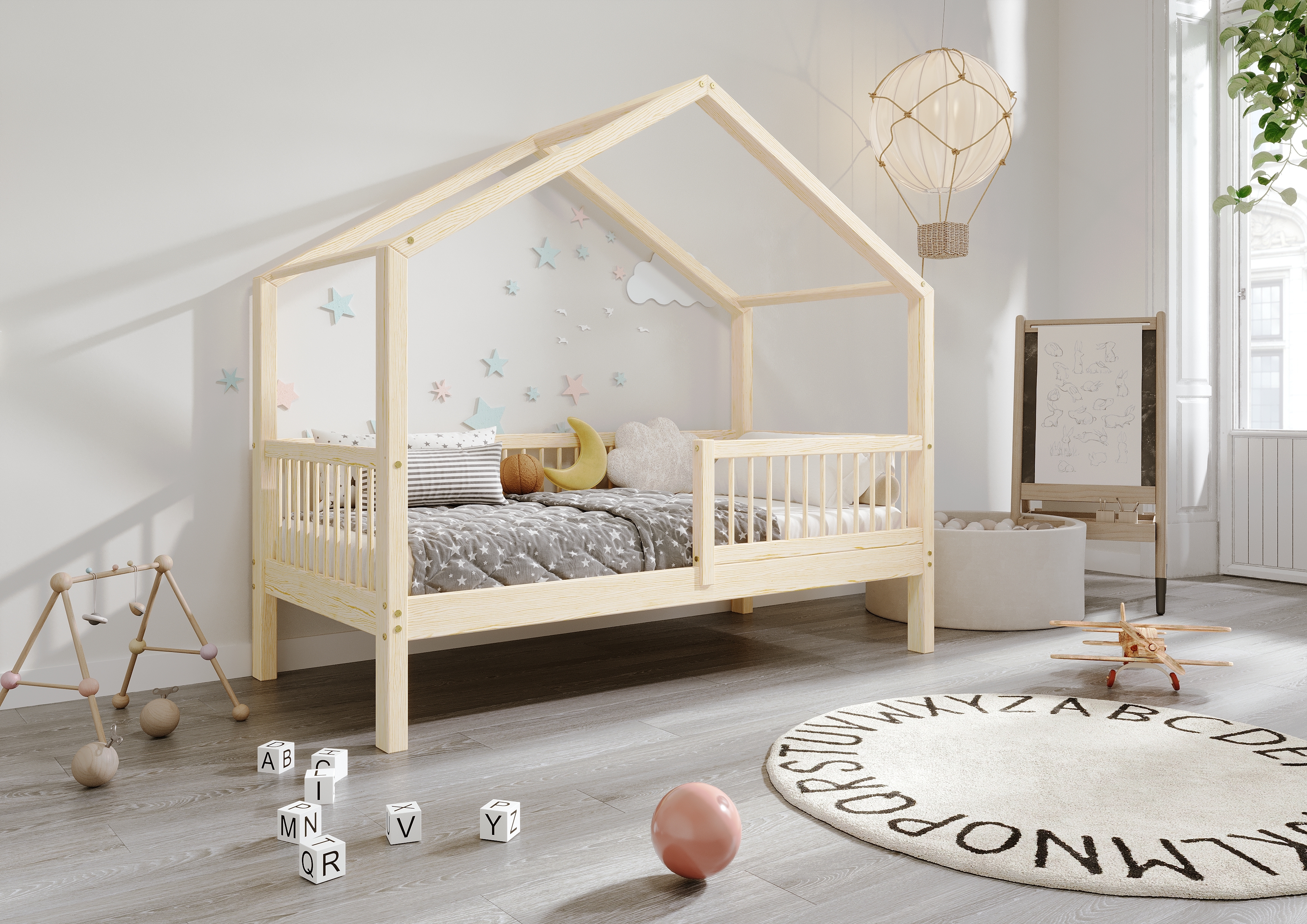 TIMBEE MURLO Hausbett Kinderbett 100x200 cm mit Rausfallschutz Lattenrost Naturholz Kiefer Holzbett Beinhöhe 23 cm