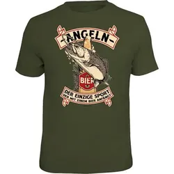 Rahmenlos "Angeln - Der einzige Sport, der mit einem Bier anfängt" T-Shirt Herren (Oliv), Oliv, XXL