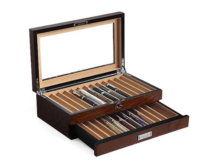 Bonaking Stift-Vitrine mit 24 Stiftefächern, Füllfederhalter-Vitrine, Holzstift-Aufbewahrung, Organizer, Stift-Display-Box für Männer, Geschenk, Stifteetui mit Glasfenster (braunes Eschenfurnier,