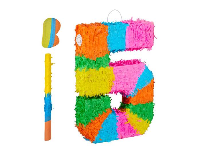 Pinata Zahl mit Stab und Maske Blau-Orange-Rosa