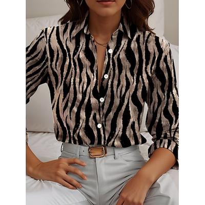Damenbluse aus leinenähnlichem atmungsaktivem leichtem tierischem geometrischem lässigen langen Ärmeln Shirt-Kragen regelmäßigen Tops beruflich täglich Knöpfen Print schwarz Frühling Herbst Winter