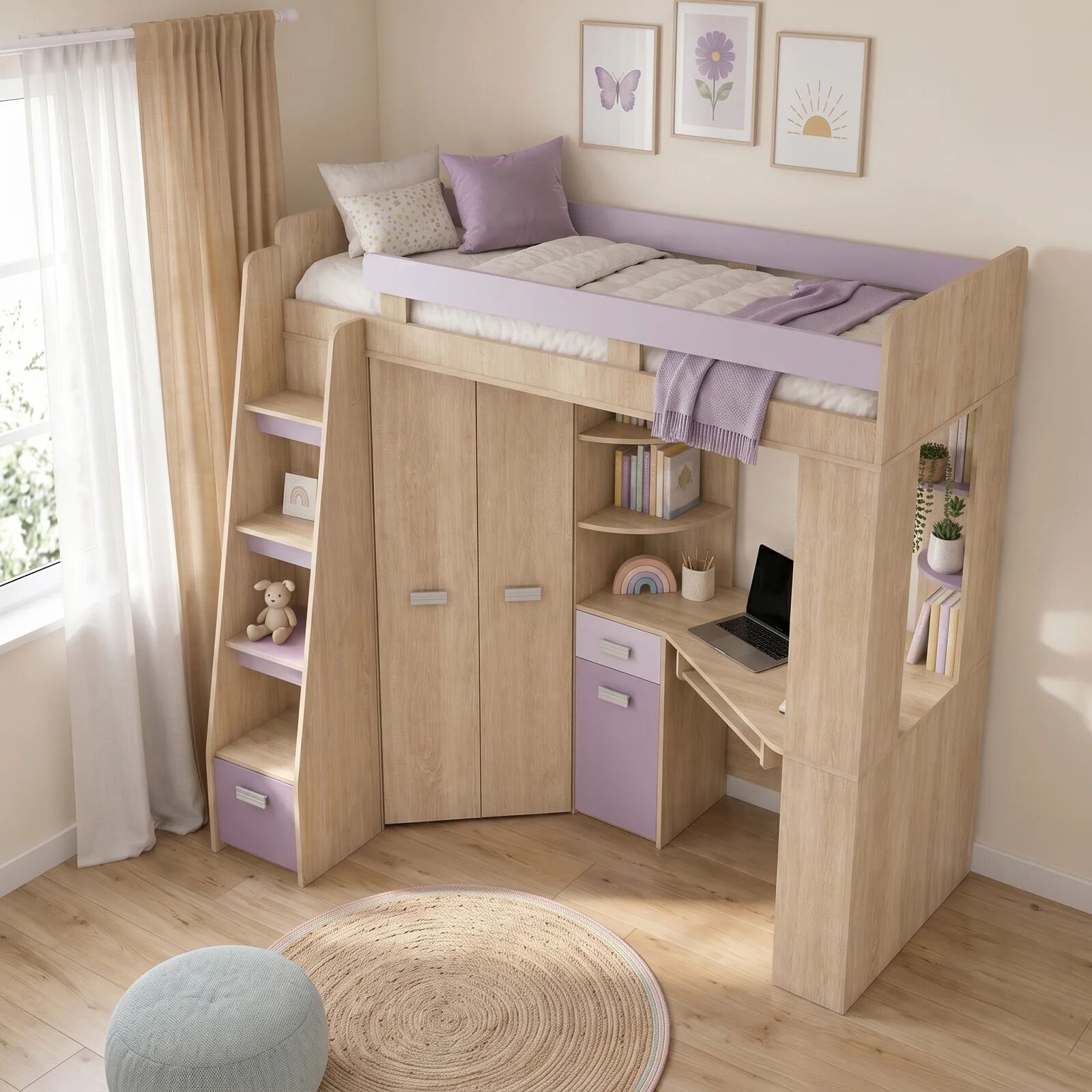 garneroarredamenti Letto a soppalco 204x120cm sinistra rovere rosa Dollie Gihome®