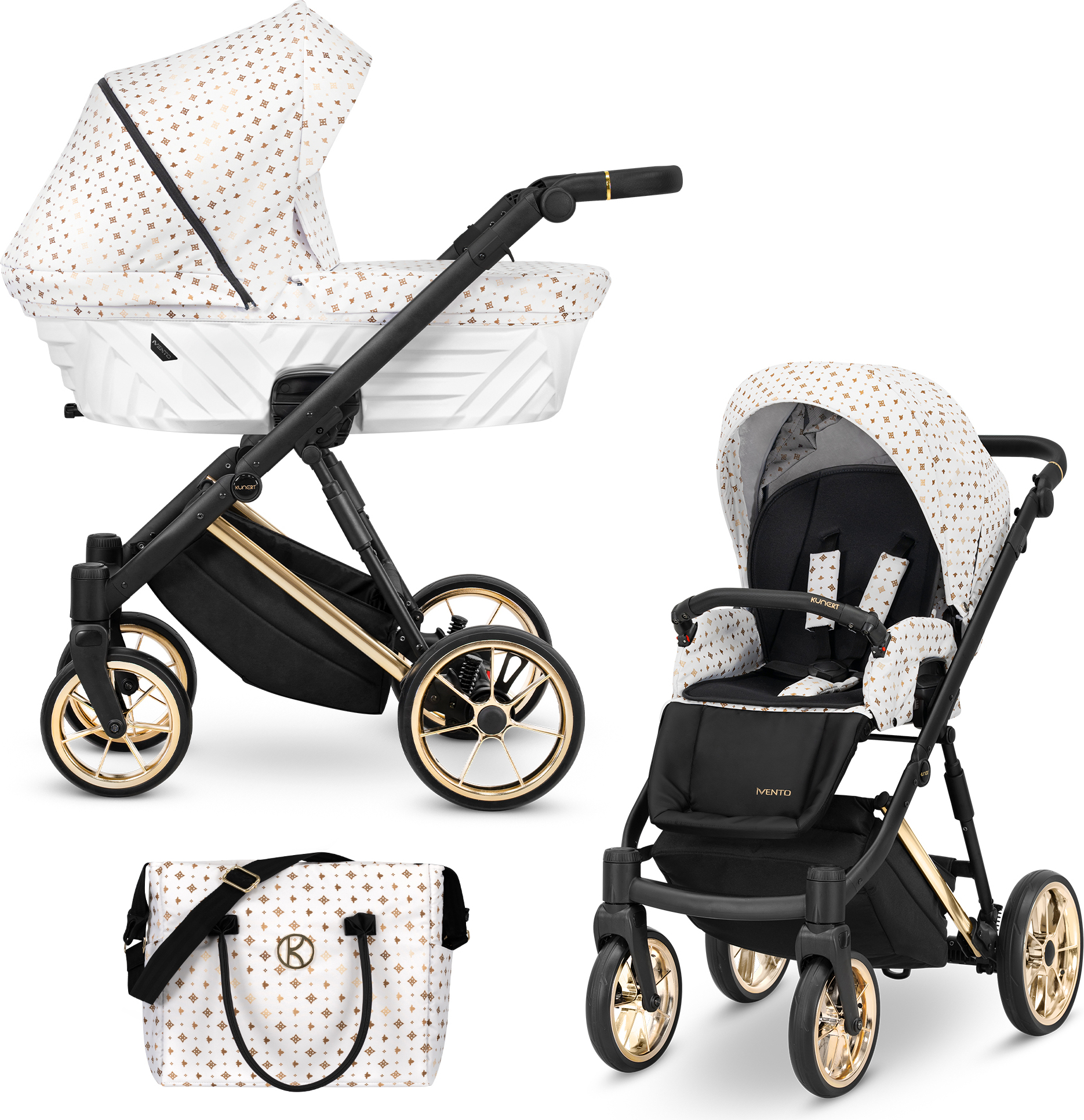 Kinderwagen IVENTO Sportwagen Babywagen Babyschale Komplettset Kinder Wagen Set 2 in 1 (White Style, Rahmenfarbe: Gold)